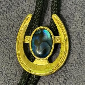 Vtg Horseshoe Bolo Tie Faux Stone Cabochon Braided Black Cord Metal Aglets